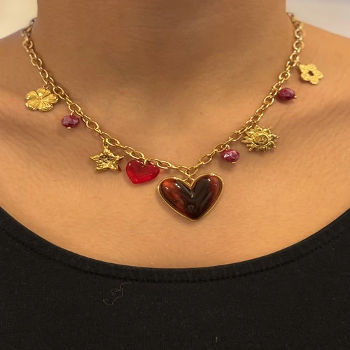 Colliers breloques coeurs et pierres (Bordeaux ou Vert)