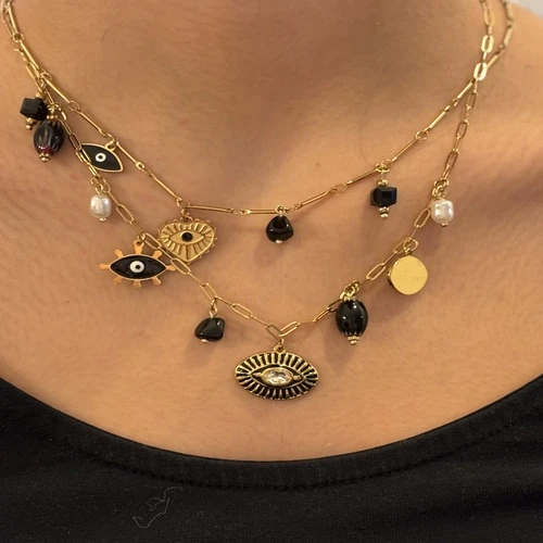 Collier double œil et pierres noires
