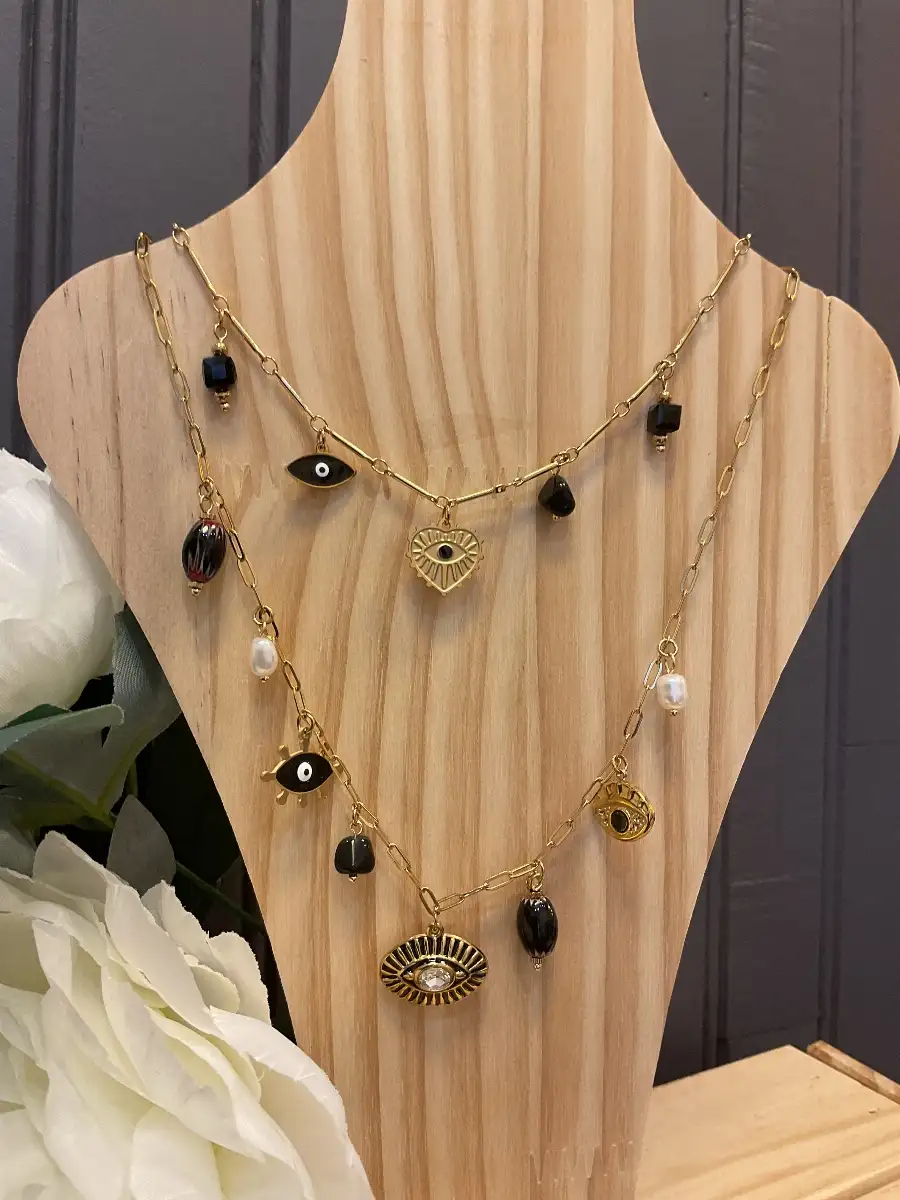 Collier double œil et pierres noires