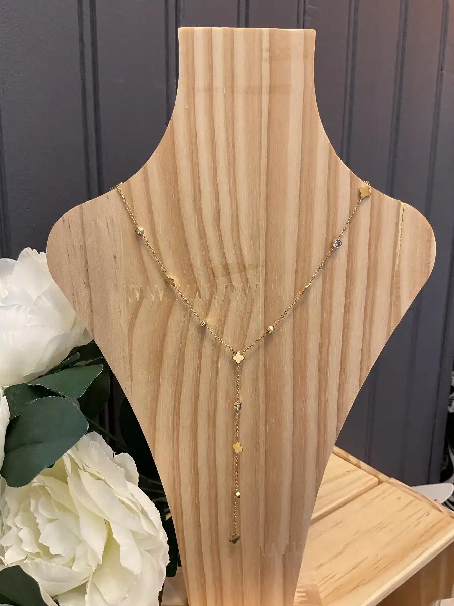 Collier Y trèfle et strass (doré et argenté)